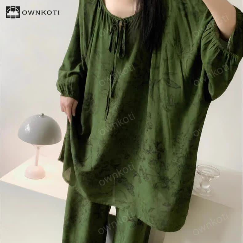 Taillod Retro Plus Size Soft Floral Nightwear Set