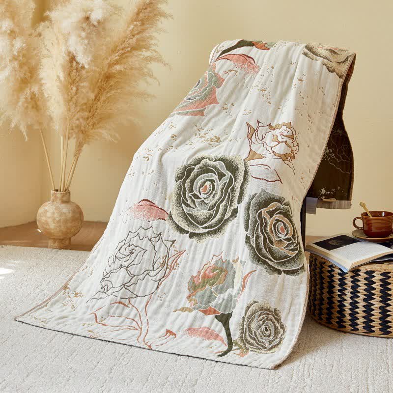 Taillod Rose Print Cotton Gauze Absorbent Quick Dry Bath Towel