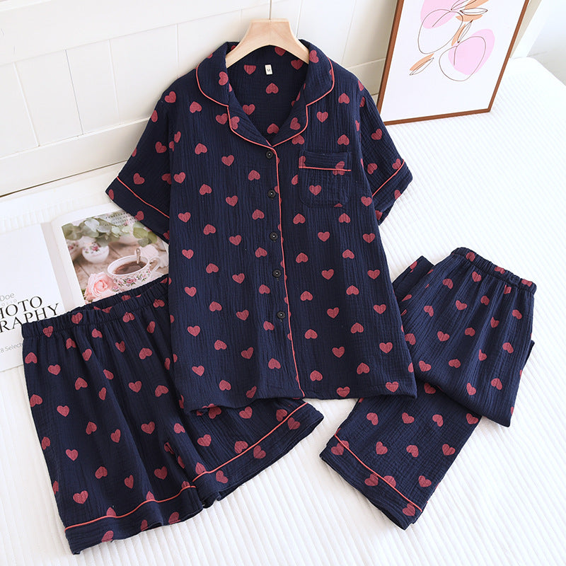 Taillod Heart Print Pure Cotton Pajama Set(3PCS)