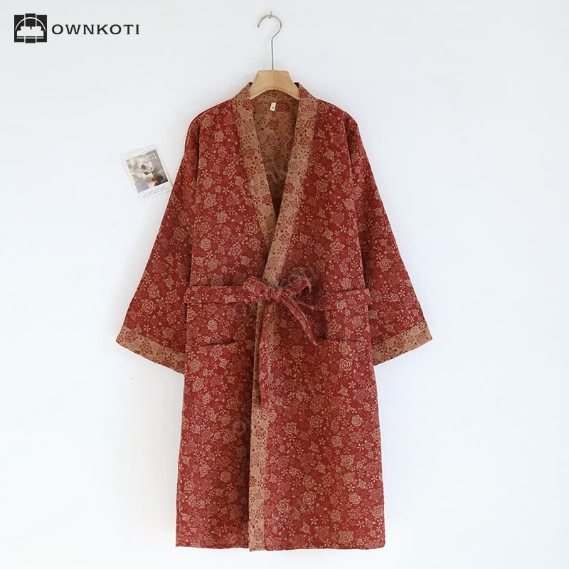 Taillod Vintage Rose Kimono Cotton Gauze Bathrobe