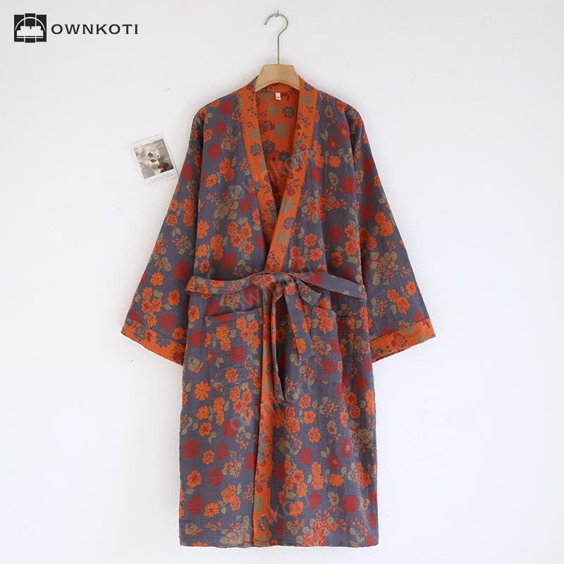 Taillod Jacquard Floral Kimono Cotton Gauze Bathrobe