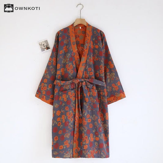 Taillod Jacquard Floral Kimono Cotton Gauze Bathrobe