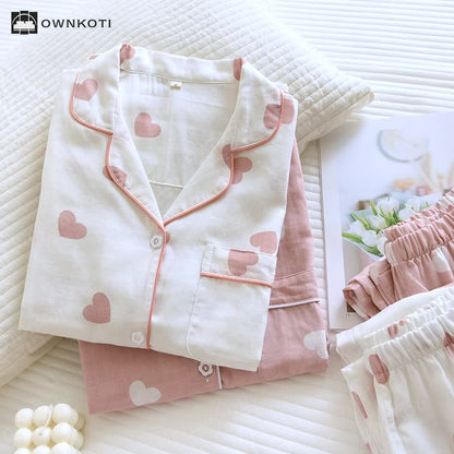 Taillod Cotton Gauze Heart Print Soft Pajama Set
