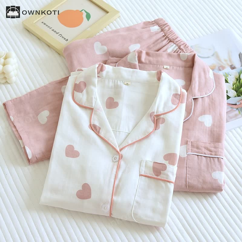 Taillod Cotton Gauze Heart Print Soft Pajama Set