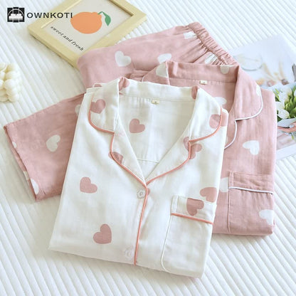Taillod Cotton Gauze Heart Print Soft Pajama Set