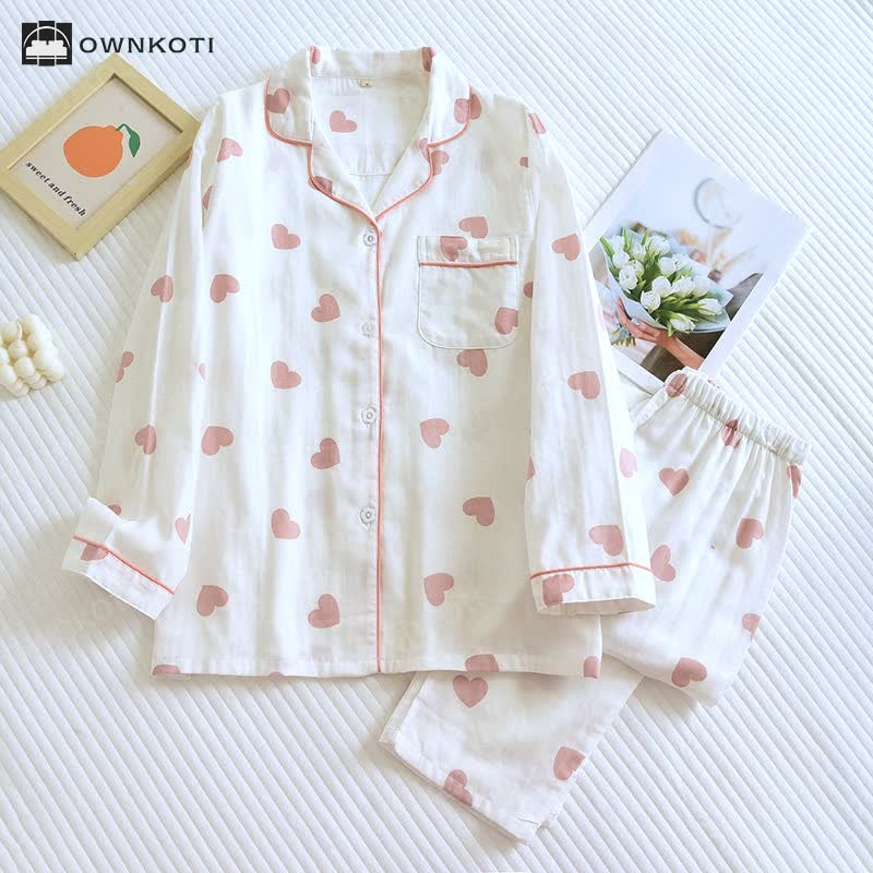 Taillod Cotton Gauze Heart Print Soft Pajama Set