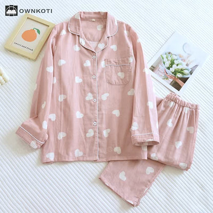 Taillod Cotton Gauze Heart Print Soft Pajama Set