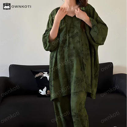 Taillod Retro Plus Size Soft Floral Nightwear Set