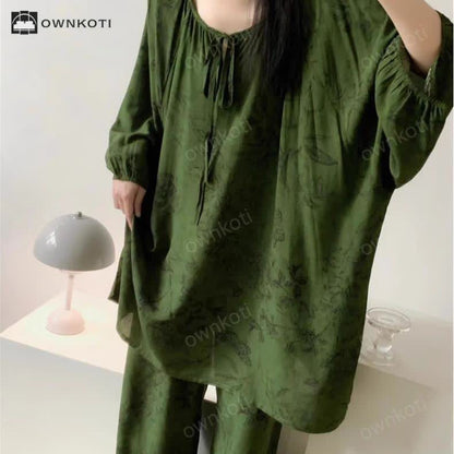 Taillod Retro Plus Size Soft Floral Nightwear Set