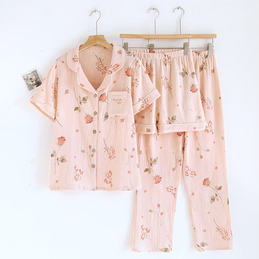 Taillod Rural Rose Cardigan Cotton Gauze Pajama Set(3PCS)