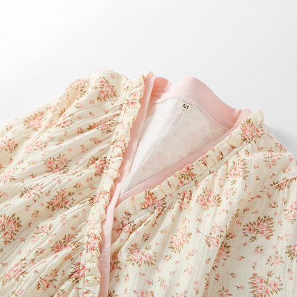 Taillod Cotton Double Gauze Floral Long Sleeve Nightdress