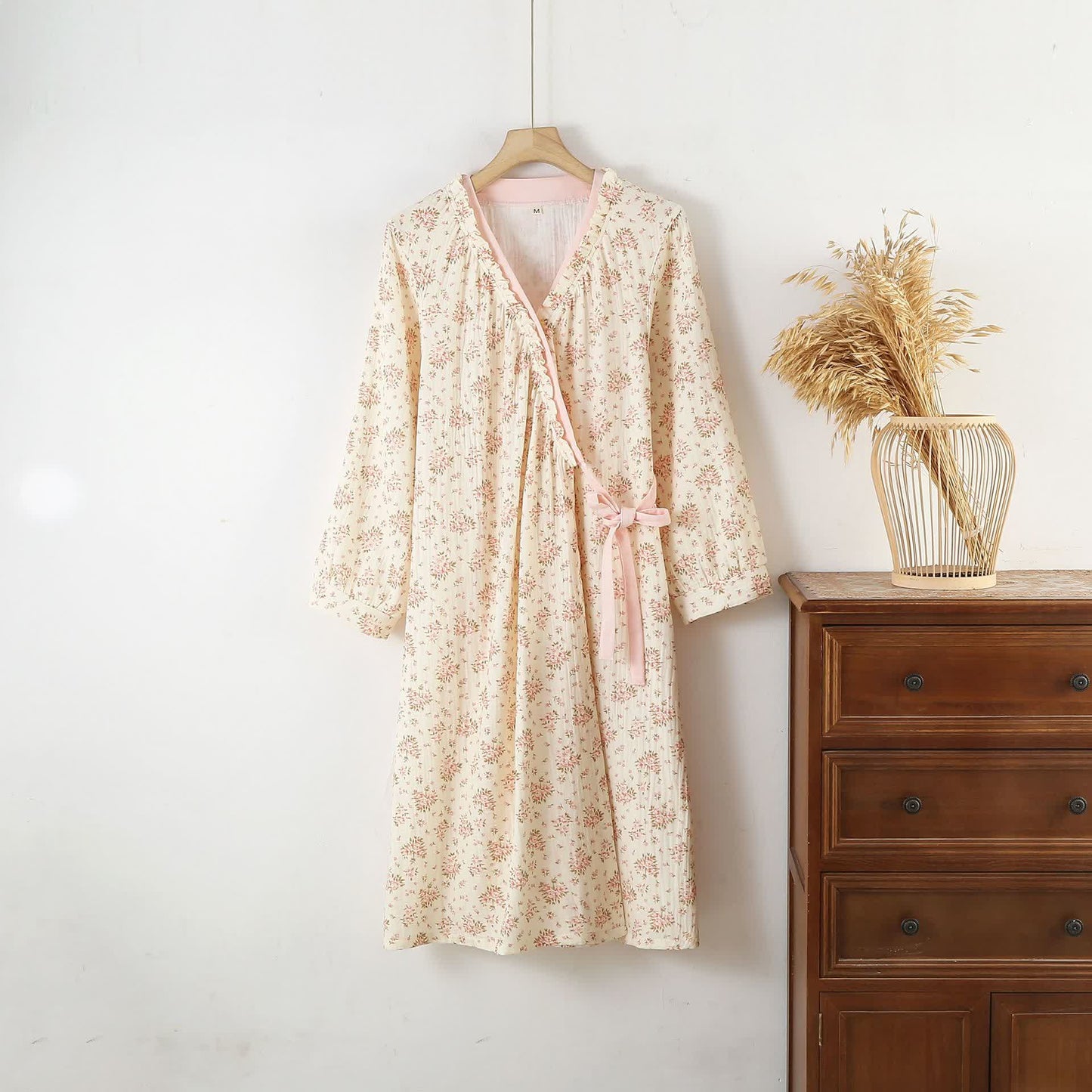 Taillod Cotton Double Gauze Floral Long Sleeve Nightdress