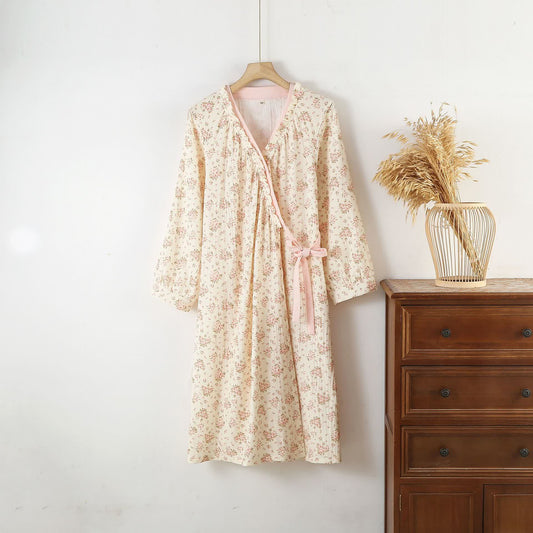 Taillod Cotton Double Gauze Floral Long Sleeve Nightdress