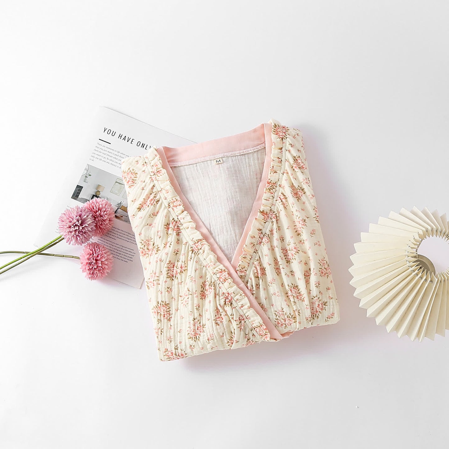 Taillod Cotton Double Gauze Floral Long Sleeve Nightdress