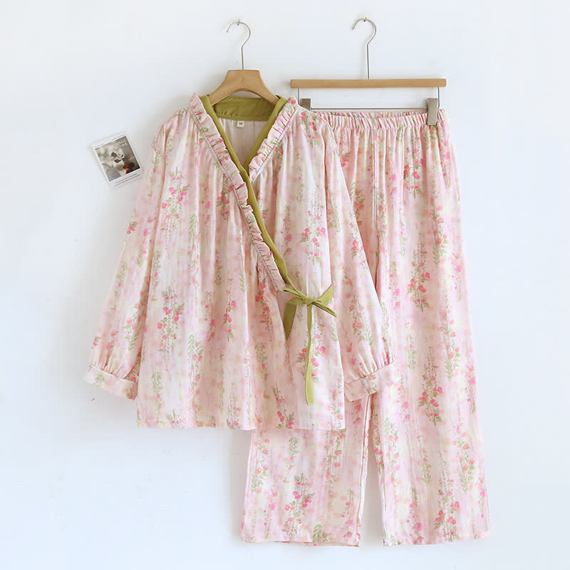 Taillod Rose Print Cotton Gauze Asymmetric Front Loungewear Set