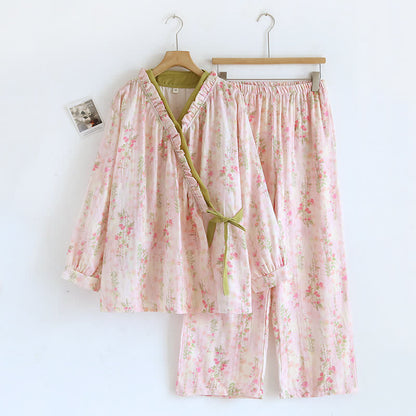 Taillod Rose Print Cotton Gauze Asymmetric Front Loungewear Set