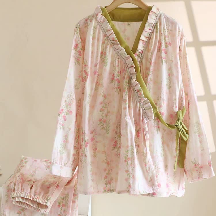 Taillod Rose Print Cotton Gauze Asymmetric Front Loungewear Set