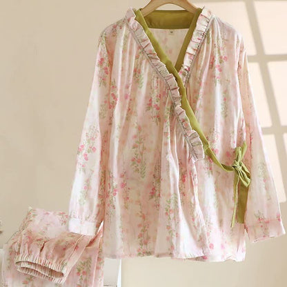 Taillod Rose Print Cotton Gauze Asymmetric Front Loungewear Set