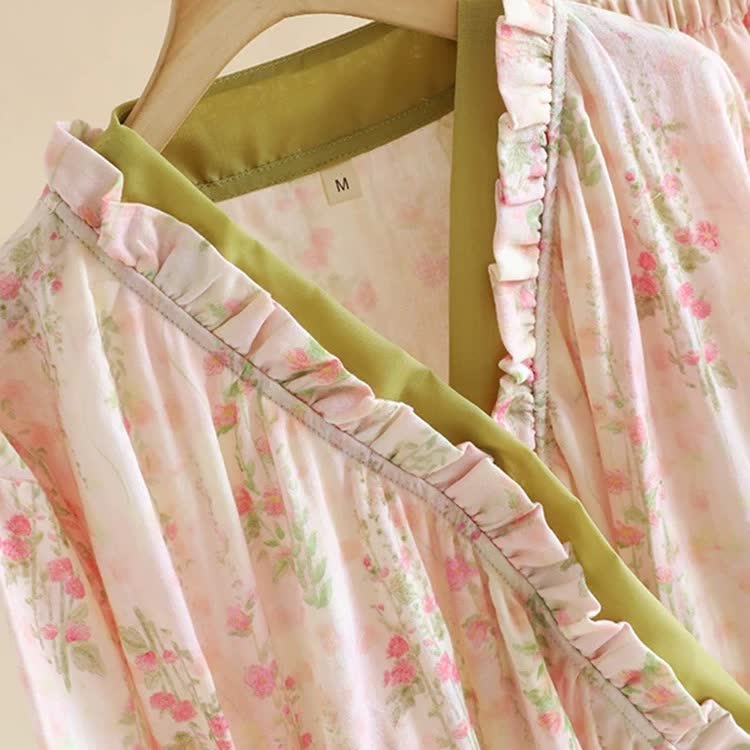 Taillod Rose Print Cotton Gauze Asymmetric Front Loungewear Set