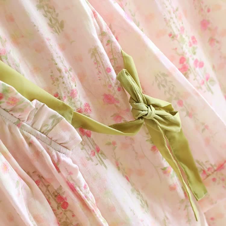 Taillod Rose Print Cotton Gauze Asymmetric Front Loungewear Set