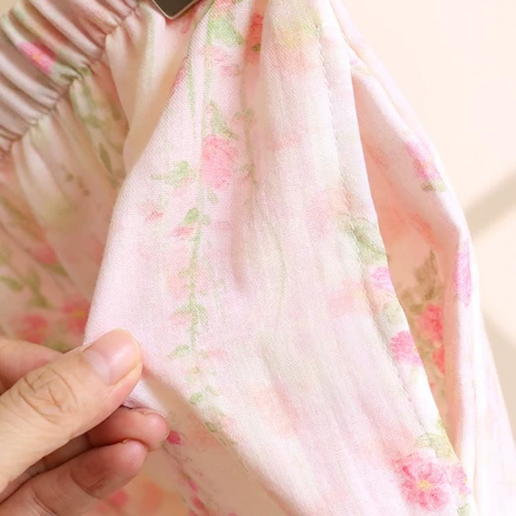 Taillod Rose Print Cotton Gauze Asymmetric Front Loungewear Set