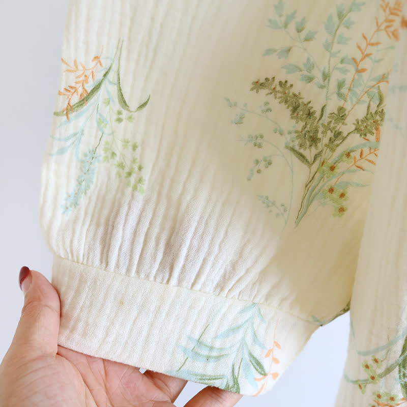 Taillod Plant Cotton Gauze Long Sleeve Nightgown with Pocket