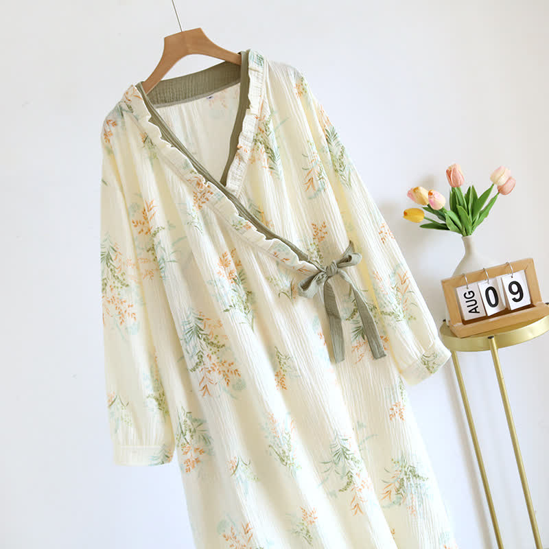 Taillod Plant Cotton Gauze Long Sleeve Nightgown with Pocket