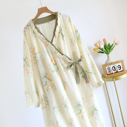 Taillod Plant Cotton Gauze Long Sleeve Nightgown with Pocket