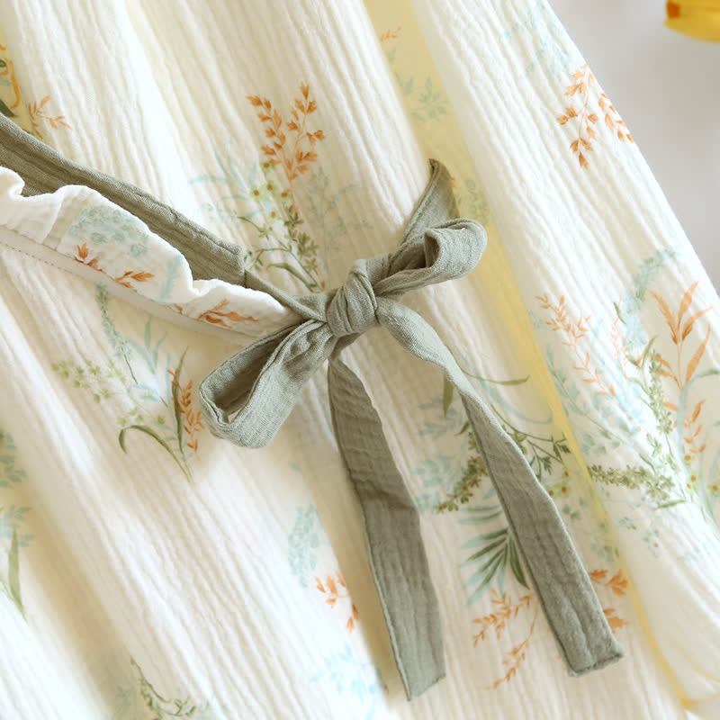 Taillod Plant Cotton Gauze Long Sleeve Nightgown with Pocket