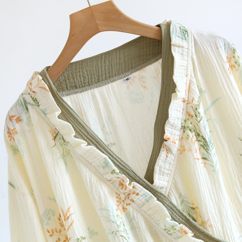 Taillod Plant Cotton Gauze Long Sleeve Nightgown with Pocket