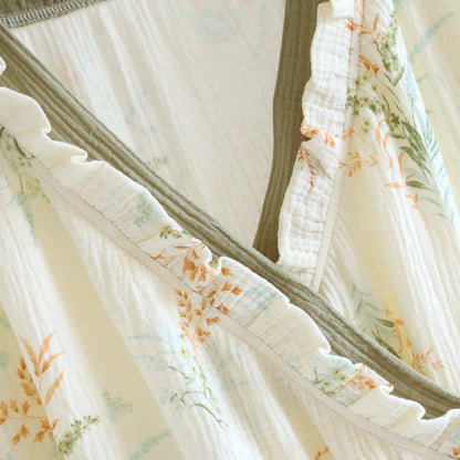 Taillod Plant Cotton Gauze Long Sleeve Nightgown with Pocket