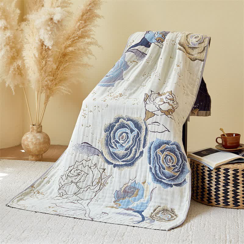 Taillod Rose Print Cotton Gauze Absorbent Quick Dry Bath Towel