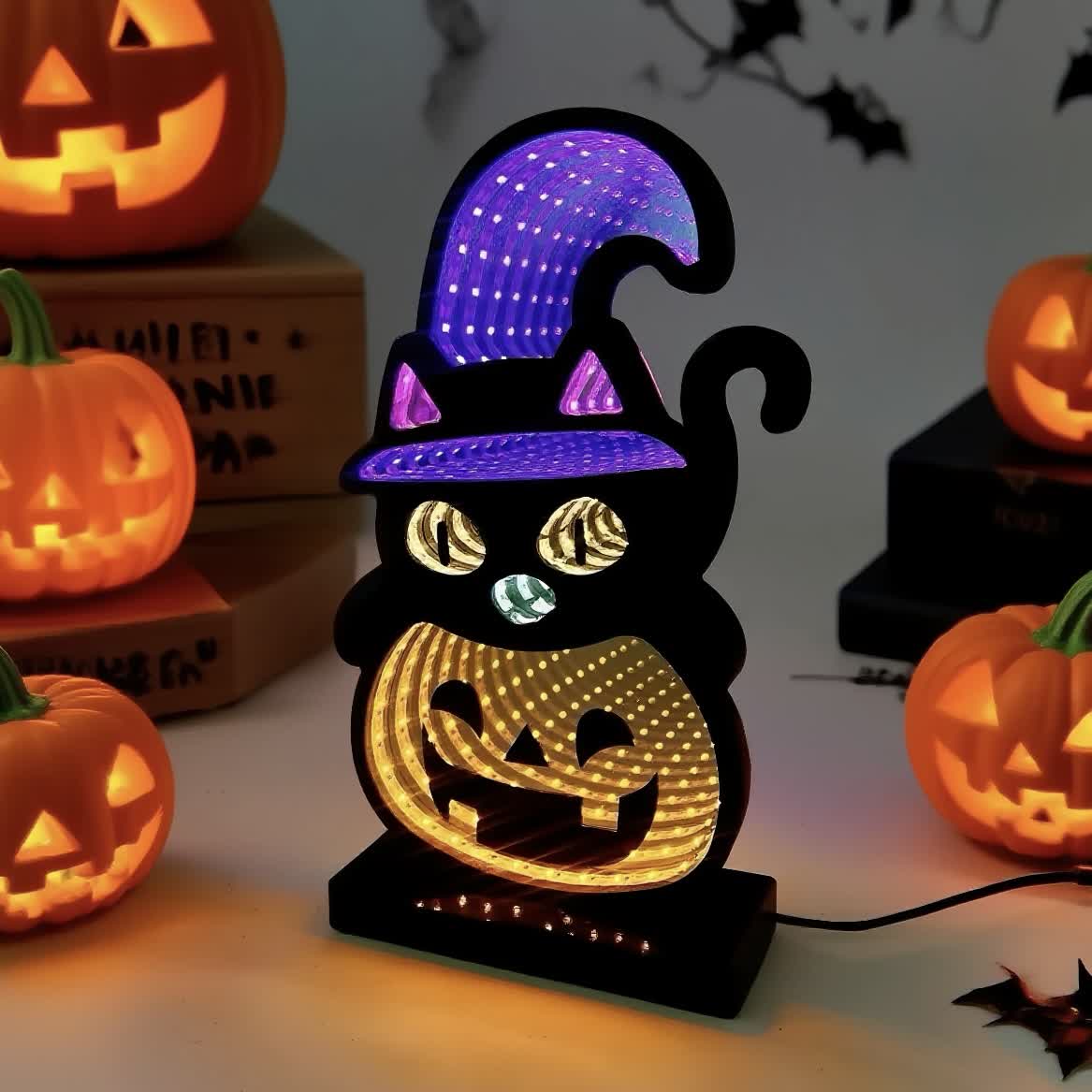 Taillod 3D Black Cat Pumpkin Infinity Lights