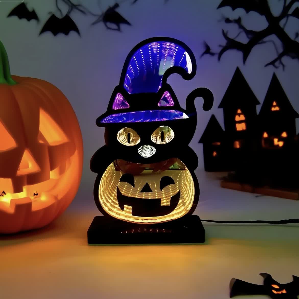 Taillod 3D Black Cat Pumpkin Infinity Lights