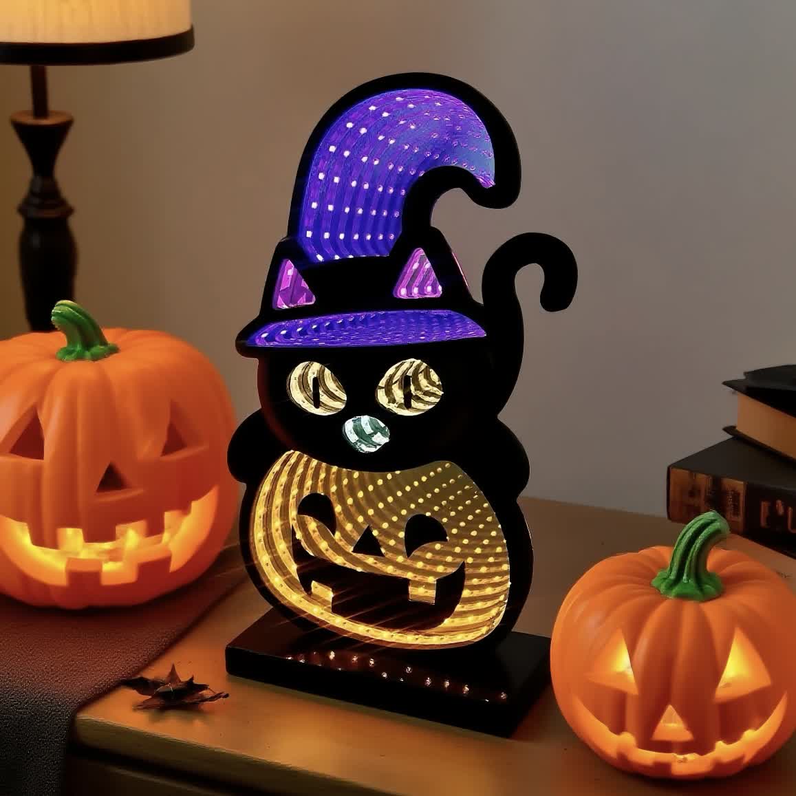 Taillod 3D Black Cat Pumpkin Infinity Lights