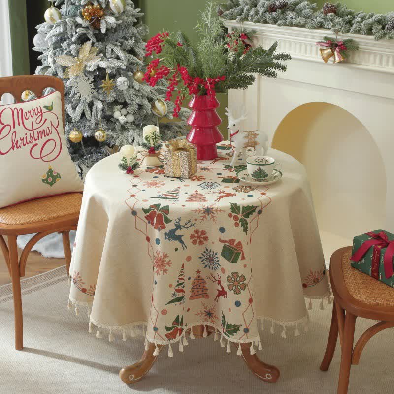 Taillod Christmas Bell Elk Tassel Tablecloth