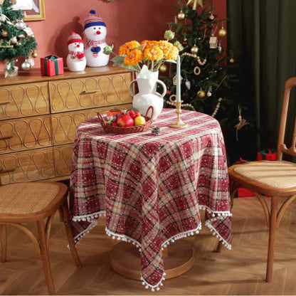 Taillod Christmas Snowflake Plaid Tassel Tablecloth