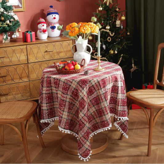 Taillod Christmas Snowflake Plaid Tassel Tablecloth