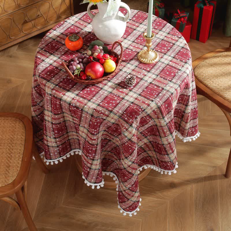 Taillod Christmas Snowflake Plaid Tassel Tablecloth