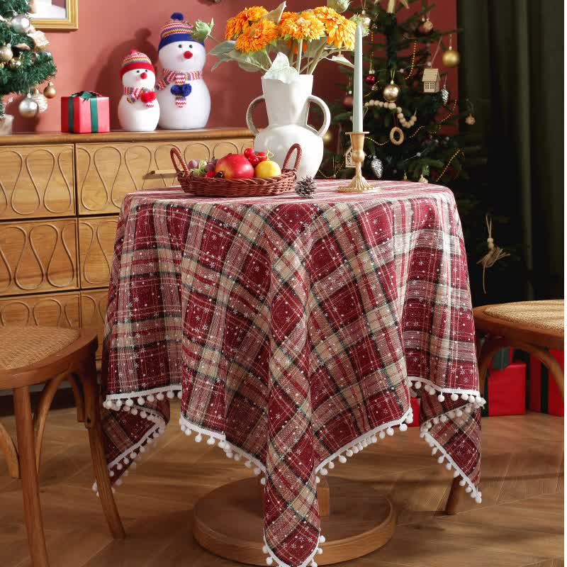 Taillod Christmas Snowflake Plaid Tassel Tablecloth