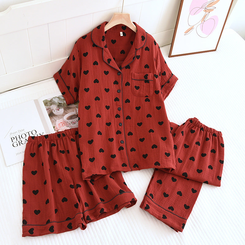Taillod Heart Print Pure Cotton Pajama Set(3PCS)