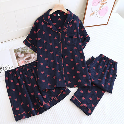 Taillod Heart Print Pure Cotton Pajama Set(3PCS)